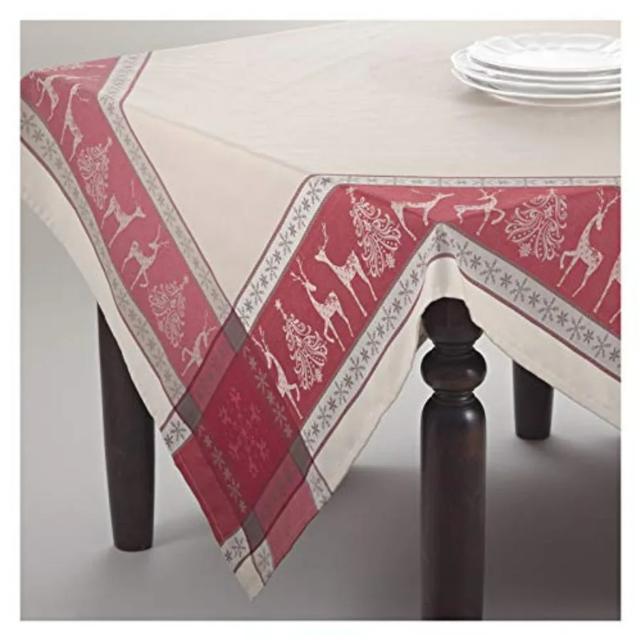 

Красная праздничная скатерть с жаккардовым узором «Рождественская елка» и базовым принтом, 72x53 дюйма, 53% полиэстер, 47% хлопок