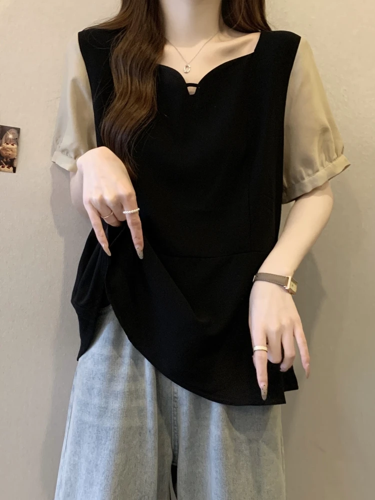 

Women's V-Neck Short Sleeve T-Shirt Summer Slimming Base Layer Top plus Size European Style Fashion Design Korean Commute Style