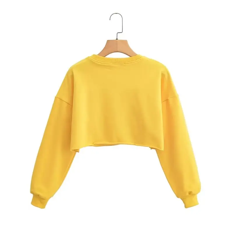 Yellow Short Hoodies Women Spring Summer O-Neck Long Sleeves Midriff-baring Sweater Fashion Trend All-matched Loose Dance Tops