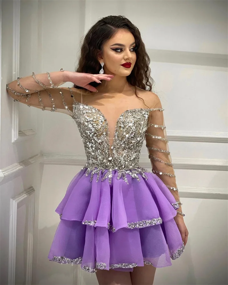 2024 Sexy Sparkly Beading Cocktail Dresses Crystal Long Sleeve Mini Formal Prom Gowns Party Evening Dess