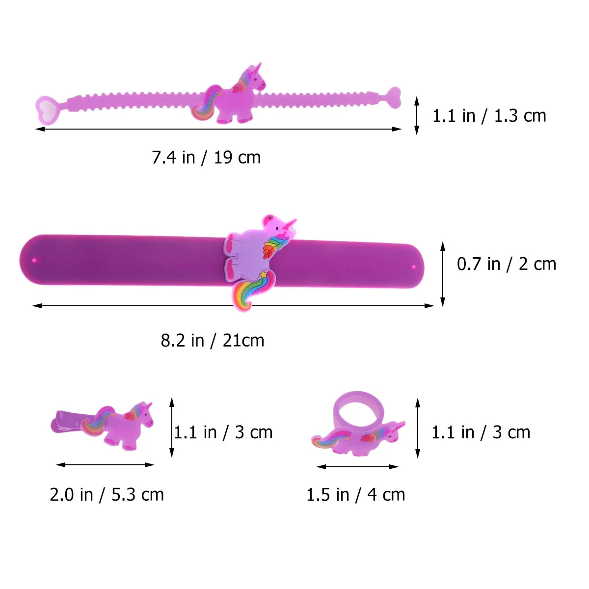 Anneau licorne de dessin animé, 4 pièces, Bracelet, pince à cheveux, cadeaux de fête pour enfants, Costume Flexible et écologique violet