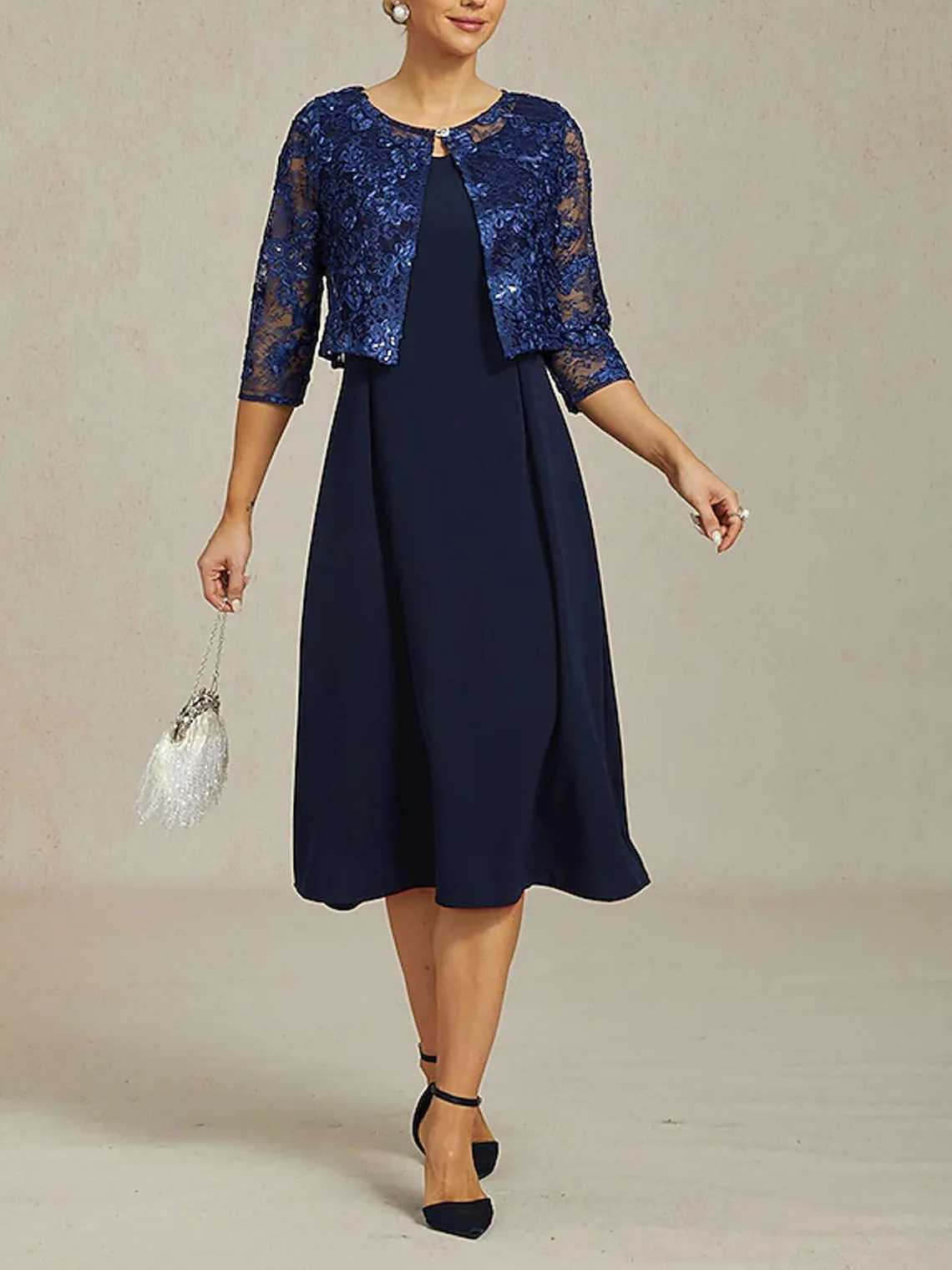 

Classic Two Piece Mother of the Bride Dress Scoop Neck Knee Length Chiffon Lace 3/4 Sleeve Sequins Applique 2025 free customized