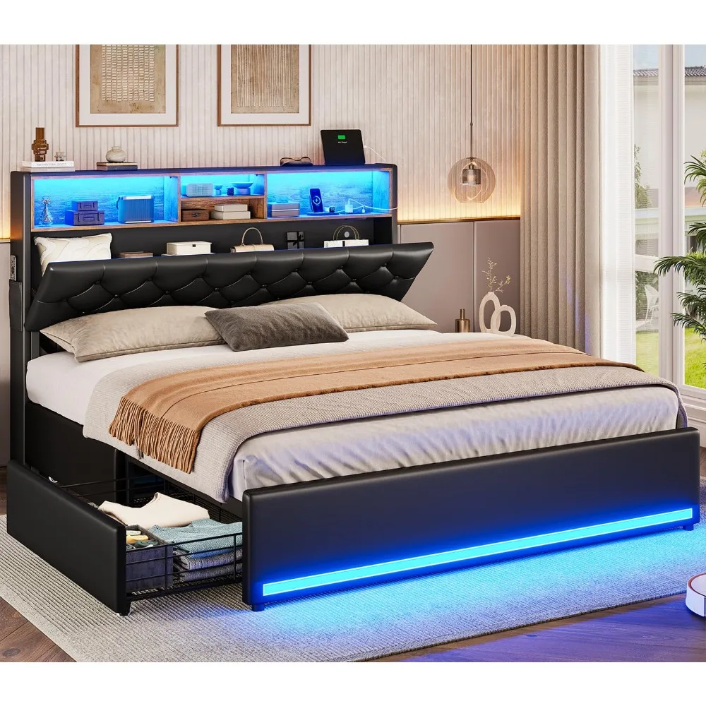 Full Bed Frame with Charging Station & 4 Drawers, Upholstered Storage Headboard, No Box Spring, Black PU, Custom