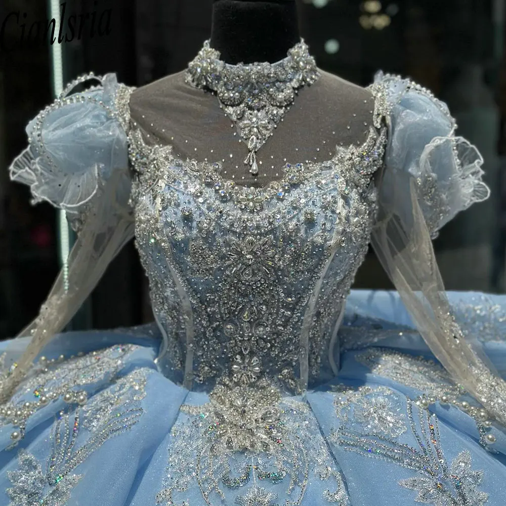 Light Blue High Neck Long Sleeve Ruffles Ball Gown Quinceanera Dresses Crystal Beading Appliques Lace Corset Vestidos De 15 Anos