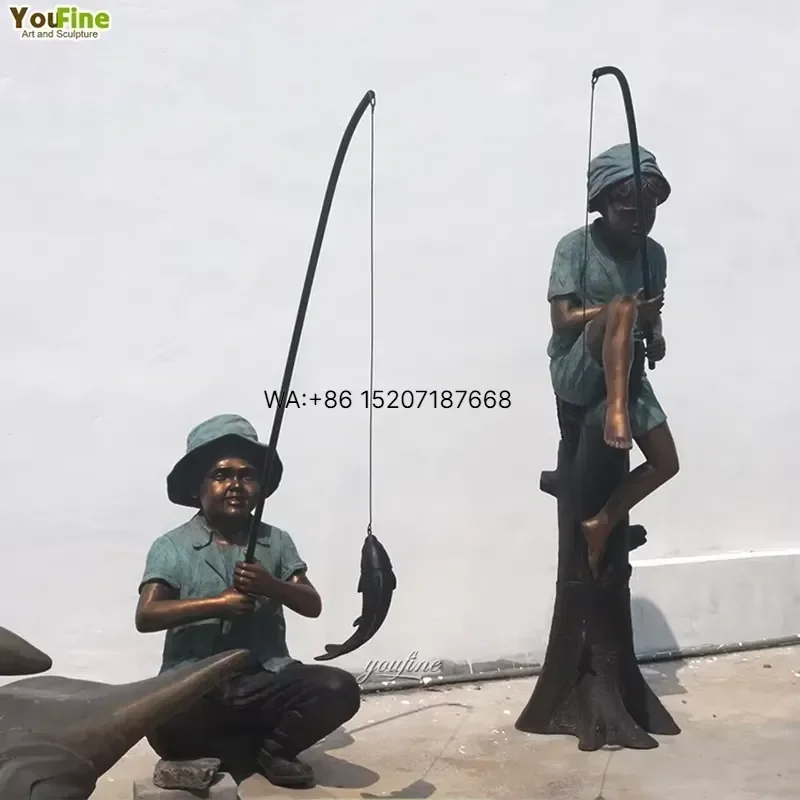 Wmwmnu for YOUFINE Life Size Outdoor Garden Decor Fisher Boy Lakefront Antique Bronze Boy Fishing Statue Sculpture