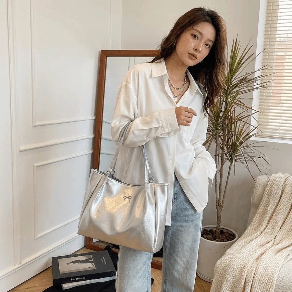 Fashionable Large Capacity PU Leather Tote Bag Bowknot Polyester Shoulder Bag Shiny Casual Handbag Women