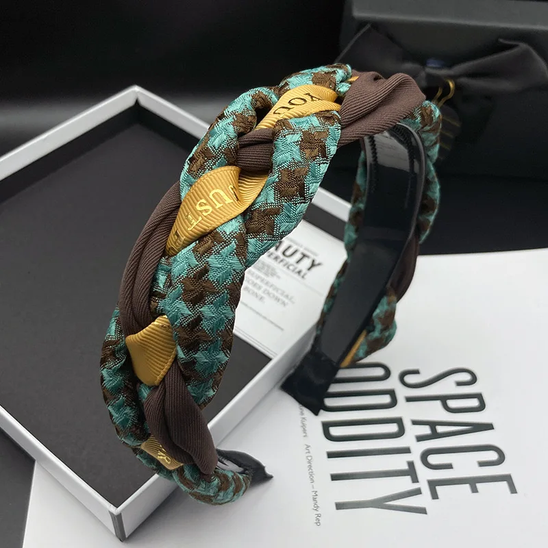 

AFP New Design Knitted Mixed Color Plaid Print Women's Hair Accessories Hand Custom Fabric Set Braid Headband Alice Band