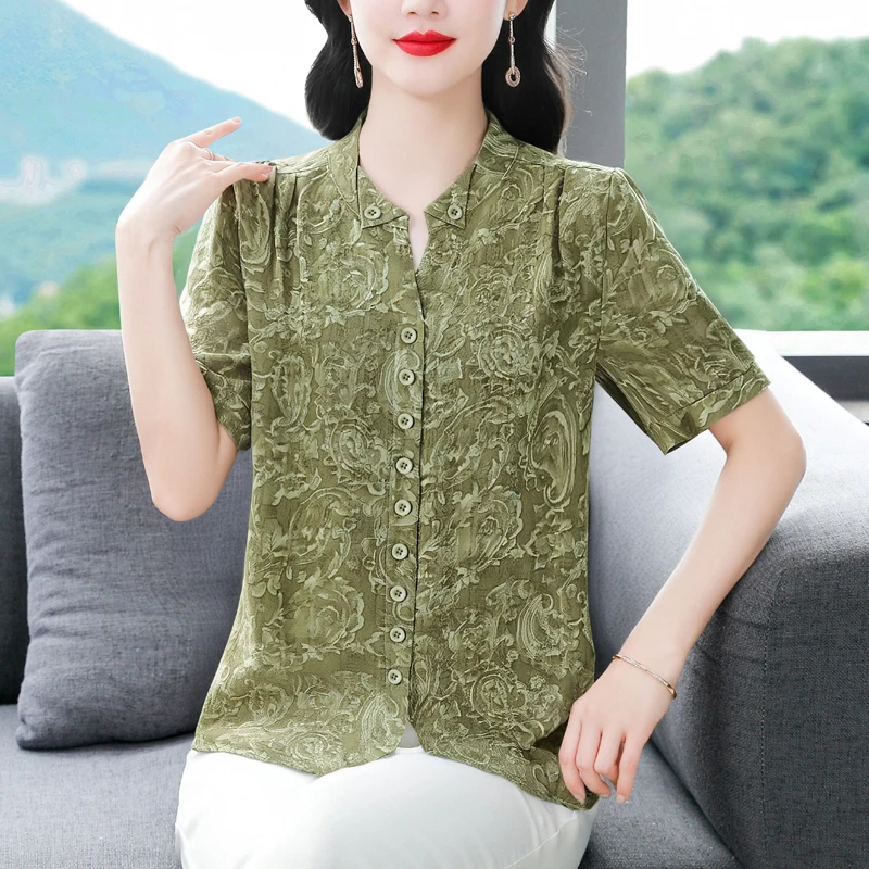 여름 반팔 중년 및 노년층 어머니 의류 패션 프린트 루즈 쉬폰 여성 블라우스 셔츠