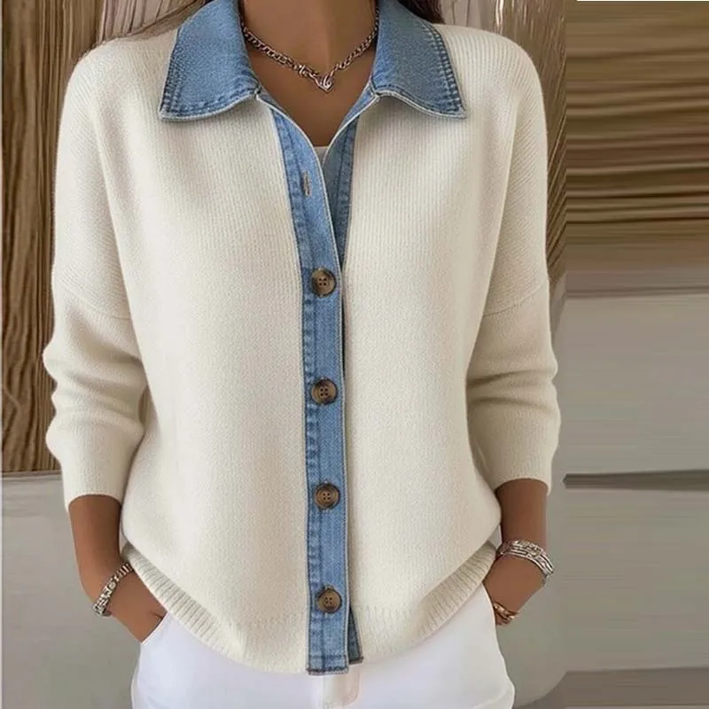 

2025 Spring Autumn New Retro Cowboy Splicing Knitted Cardigan Women's Fashion Slim Lapel Sweater Coat Lady Short Outwear Top