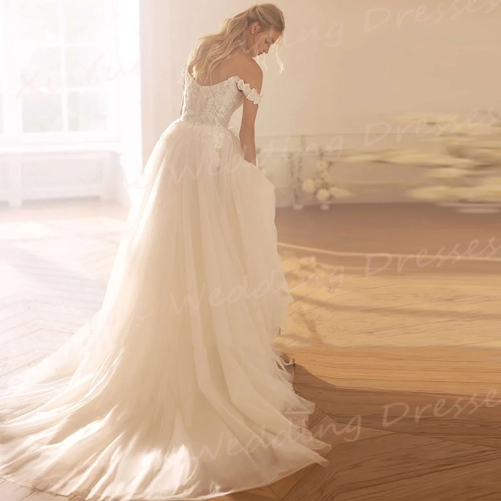 Affascinante una linea abiti da sposa da donna eleganti Appliques abiti da sposa in pizzo piuttosto fuori dalla spalla con spacco laterale Vestido De Noivas