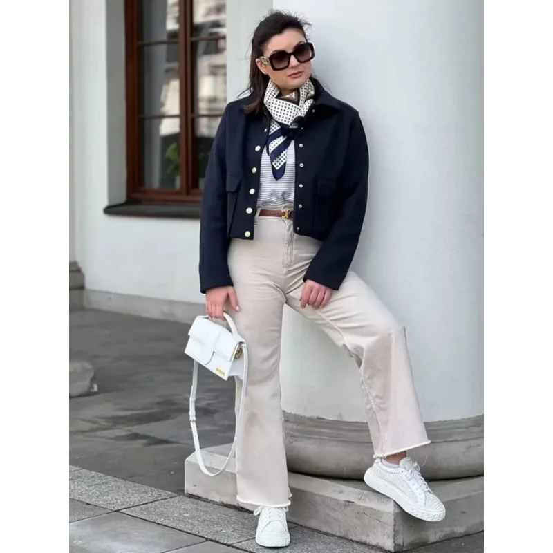 2025 Women's Aviator Black Jacket Wool & Blends Coats Cropped Bomber Jacket  Autumn Winter Demi-season Crop Jacket Outerwears