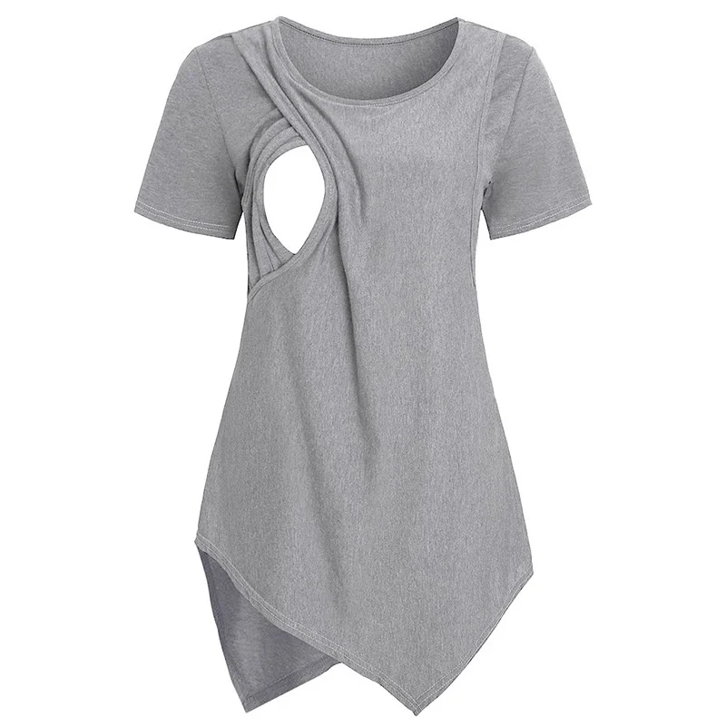 Summer Maternity T-Shirt Women Soft Nursing Tops Short Sleeve Asymmetrical Pregnant Clothes New Females Breastfeeding Blouse