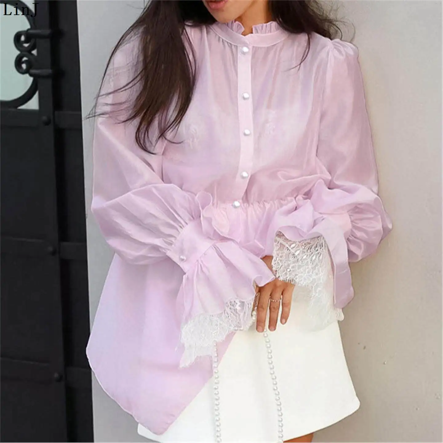 

Spicy Girl Gentle Wind Long Sleeve Waist Cinched Design Asymmetrical Hem Shirt Women Spring Summer Commute Top