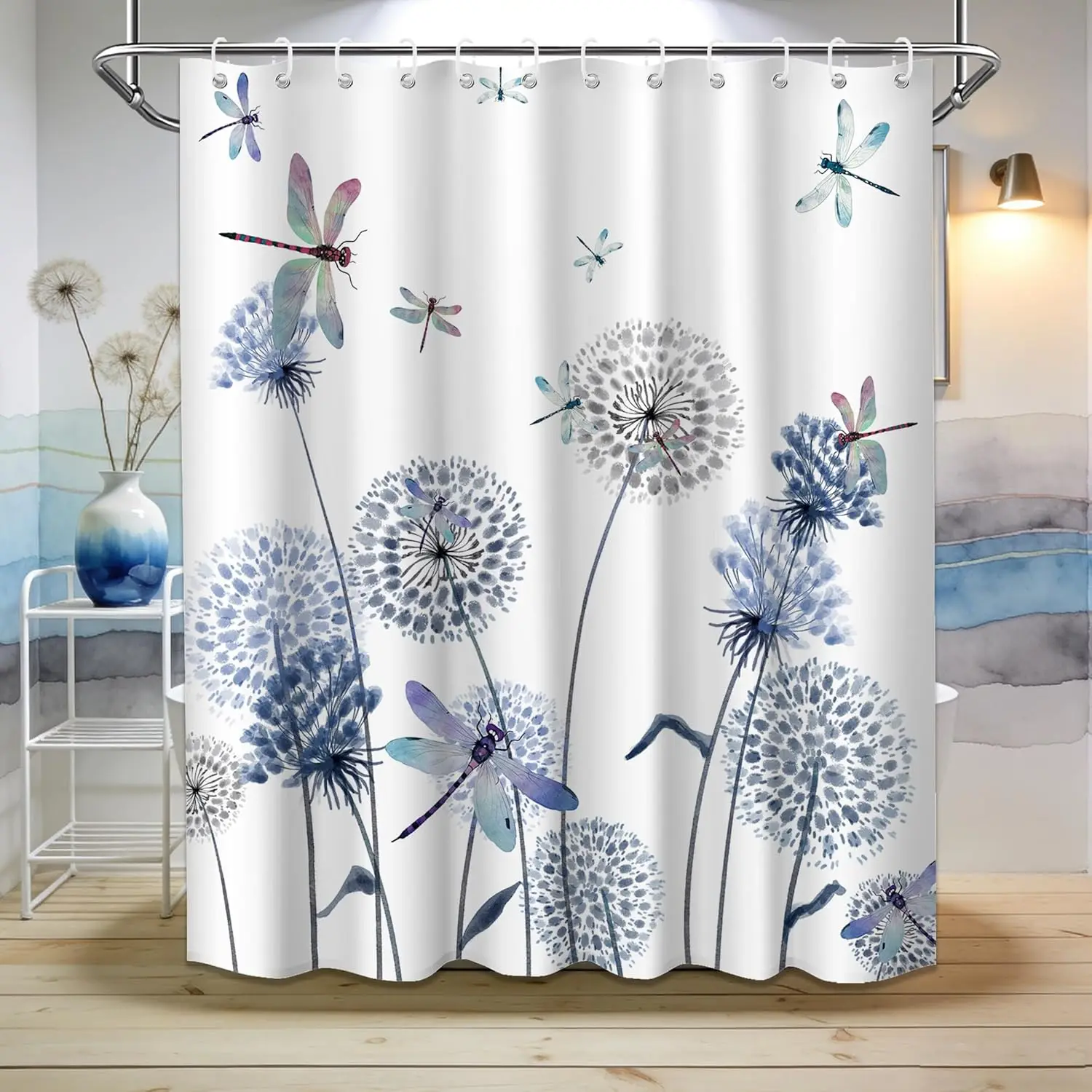 Dandelion and Dragonfly Shower Curtain Watercolor Flowers Bathroom Decor Delicate Insect Bath Curtain for Home Decoration
