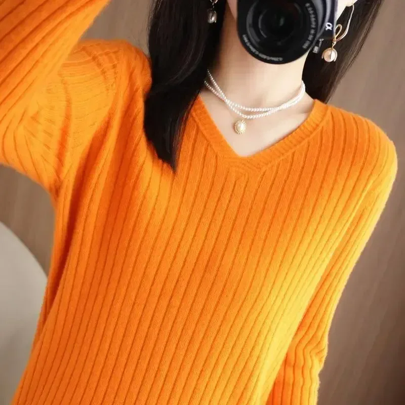 

Women Sweater 2023 Autumn Winter Warm Basic Pullover Casual V-neck Stripe Bottoming Shirts Long Sleeve Causal Korean Knit Jumper