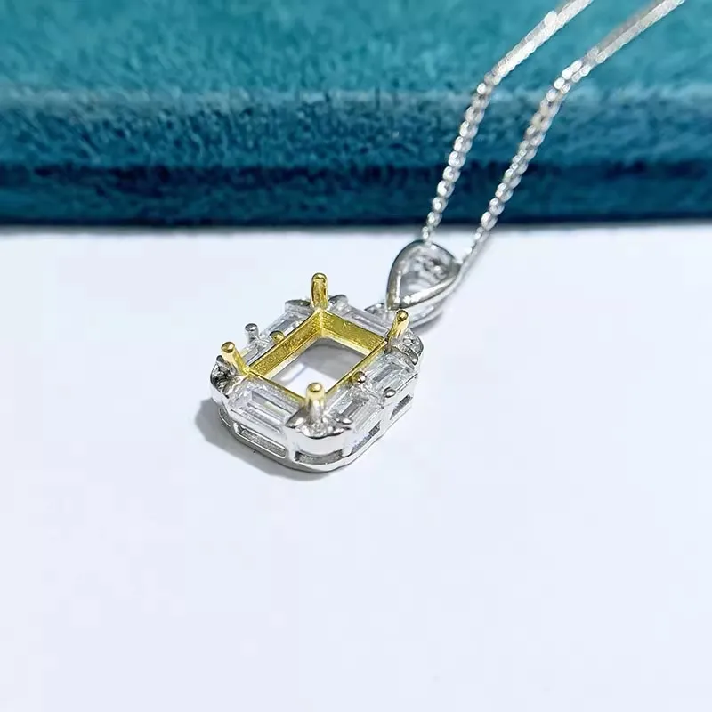 MeiBaPJ 4*6/5*7/6 Rectangle Stone DIY 925 Silver Holder Fashion Pendant Necklace Empty Setting Fine Wedding  Jewelry for Women