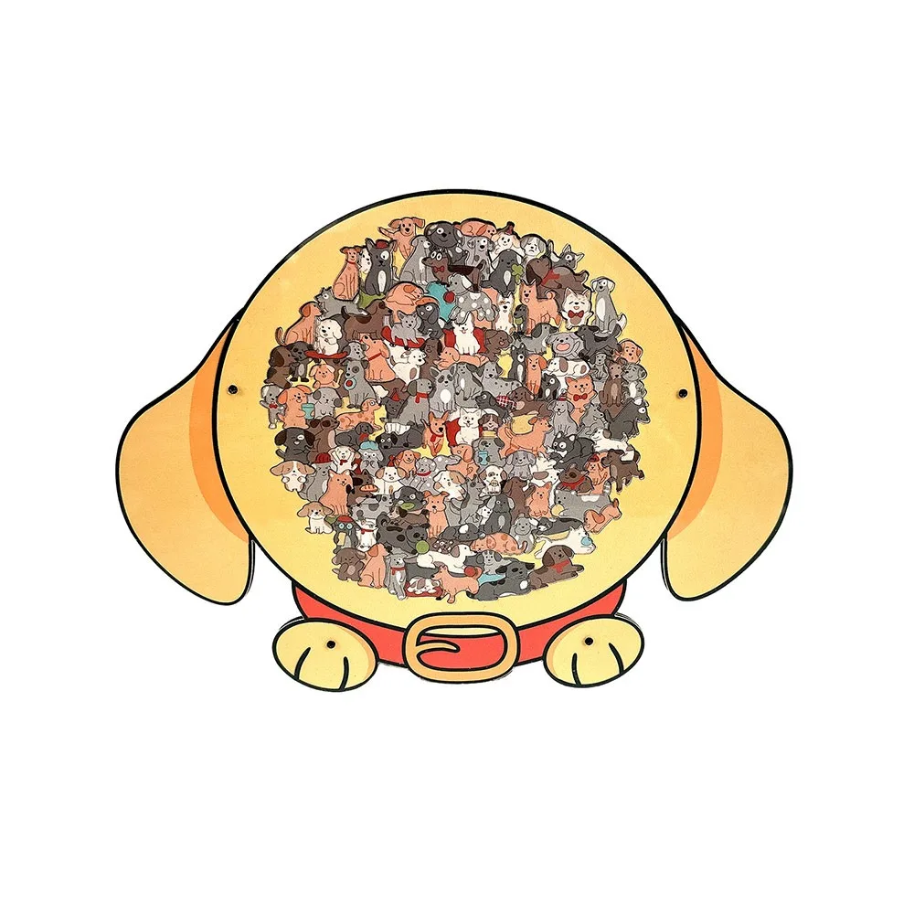 

Деревянный пазл с щенками в цветах макарон, нерегулярные формы, контур щенка, детали пазла в виде щенков, мультяшный дизайн