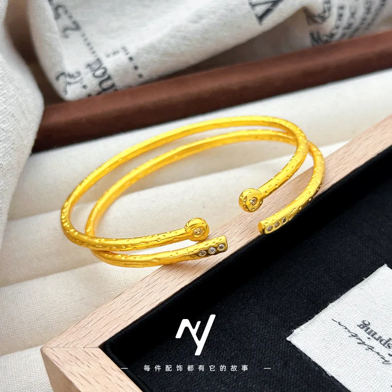 

Dingdang 9999 24K Real Gold Bracelet Minimalist Pure Handmade Hammer Pattern Point Drill Open Bangle