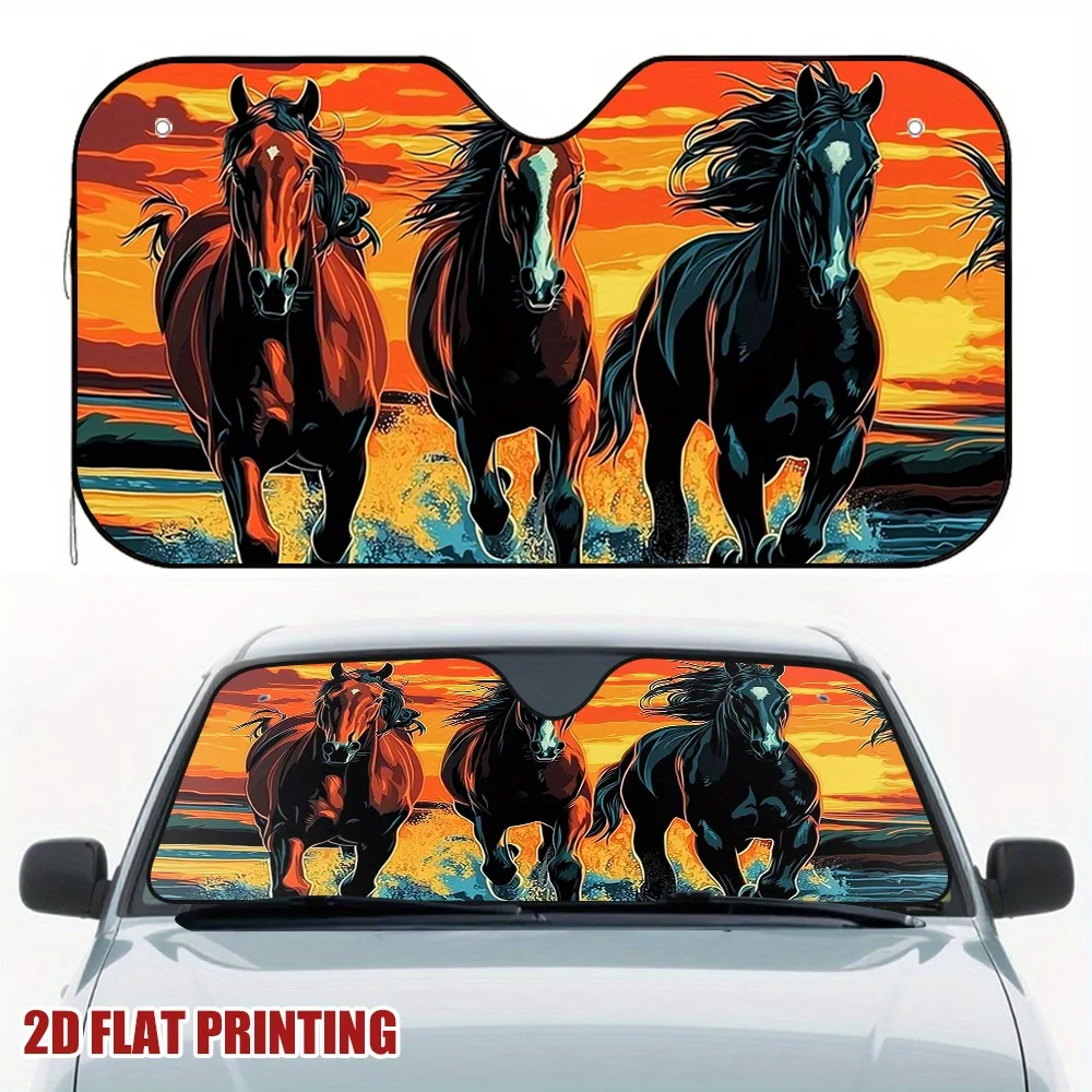 1pc Galloping Sunset Stallions Car Sun Visor - 2D Flat Printing, Heat-Resistant & UV Protection, Fit For All Vehicles, Keeps Cab