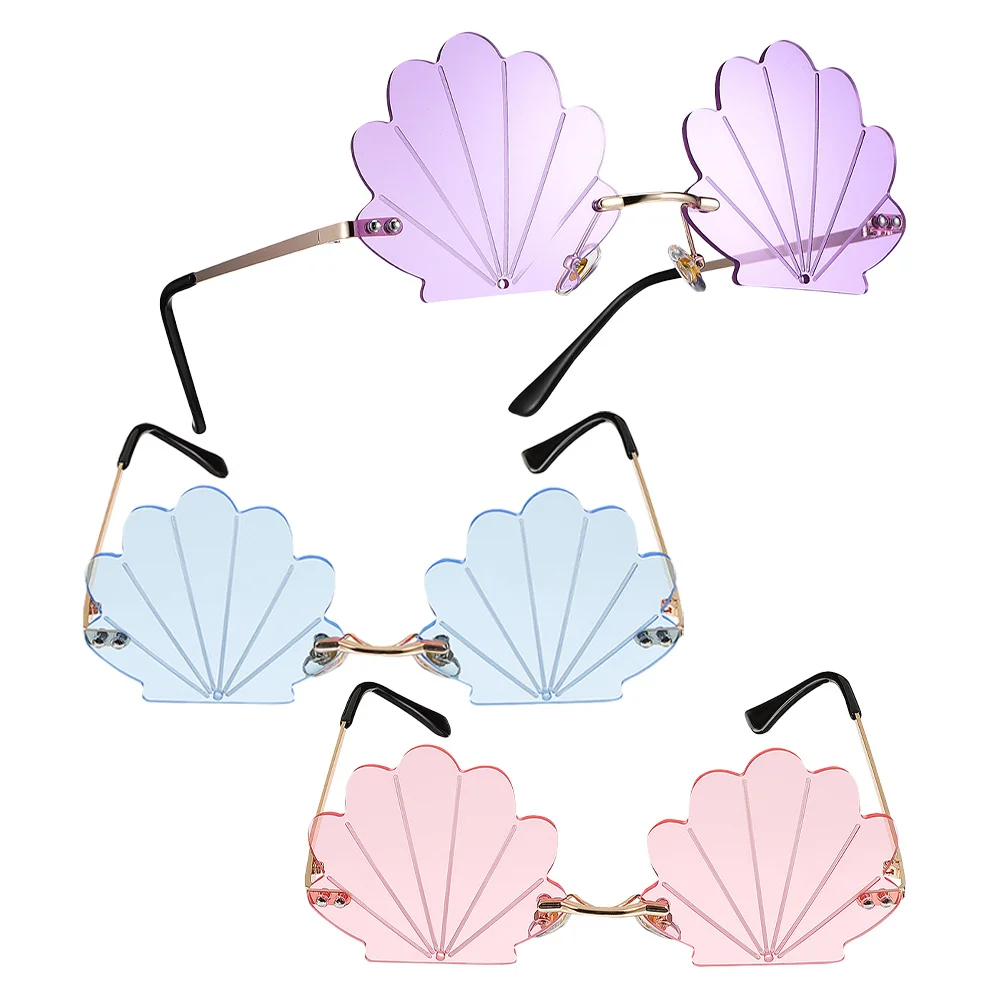 Lunettes de soleil en coquillage amusantes sans bords, 3 pièces, nouveauté d'été, plage, fête, accessoires de stand Photo, lunettes de soleil irrégulières