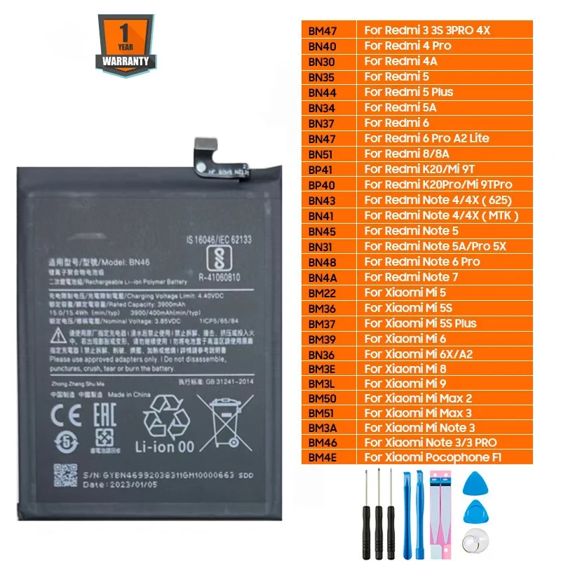 For Xiaomi Redmi Hongmi Note Mi Max 2 A2 3 3S 4 4A 4X K20 5 5A 5X 5S 6 6X 7 8 8A 9 Lite Plus Pro Pocophone F1 Phone Battery