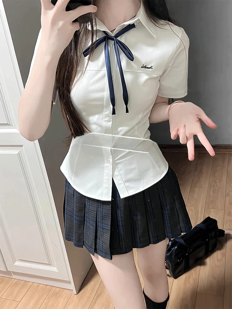 

Женская летняя рубашка Slim Fit в японском стиле с коротким рукавом, оригинальная, с вышивкой, для колледжа, школьная форма, хит продаж