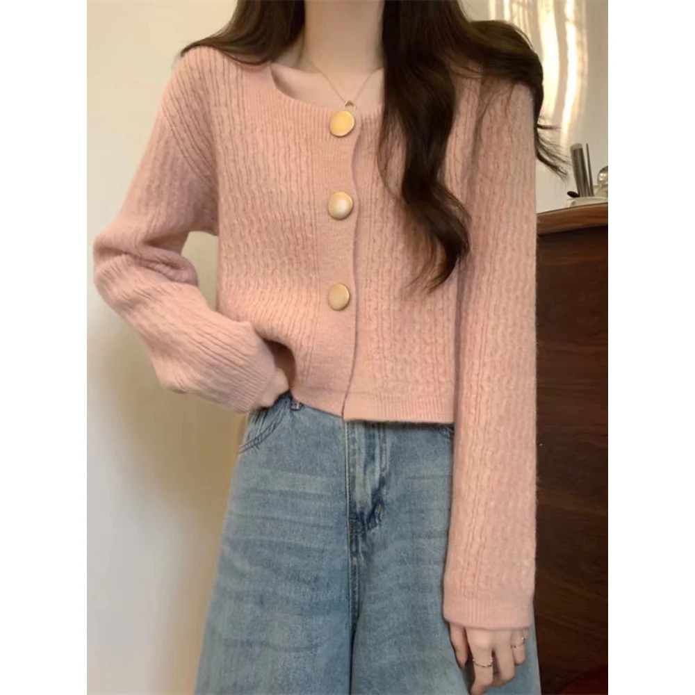 

iny Tead Knitted ort Sve Loose Women's Sweater Cardigan Square Collar Autumn Winter New Sle Korean Straight Tube pe