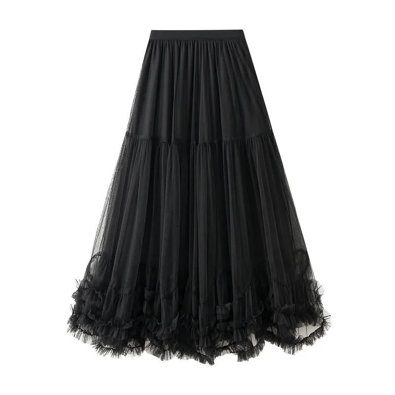 Qooth Women Sweet Tulle Cake Mesh Skirt Elegant Elastic Waist Fairy Long A-line Tutu Skirt With Big Swing For All Season QT2227