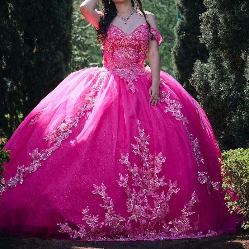 Розово-красные блестящие платья Quinceanera по индивидуальному заказу, бальное платье, милая аппликация с блестками, кружево, бисер, тюль, на шнуровке, вечерние принцессы