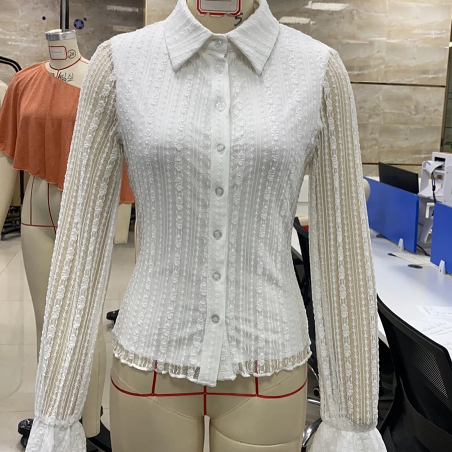 

Women's Autumn Lace Patchwork Tops Long Sheer Sleeve Turn Down Collar Slim See Through Button Up Shirts