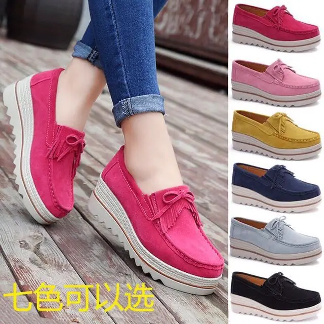 New Women's Tassel Bowtie Loafers Suede Wedges Pumps Ladies Platform Thick Bottom Female Footwear Spring Casual Creepers Shoes