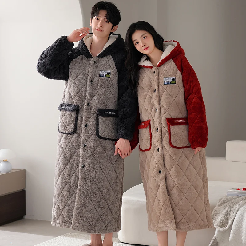 High Quality Winter Couple Robe Hooded Pajamas Set Thick Warm 3 Layer Clip Cotton Pyjamas Women And Men Home Clothing