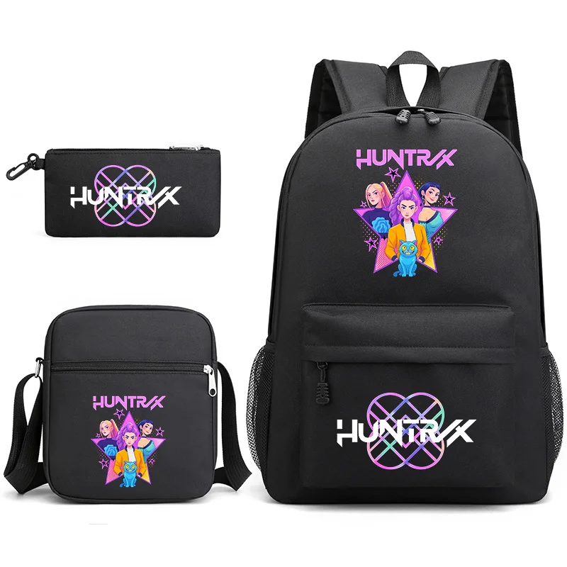 Anime K-POPHUNTRX Printed 3-Piece Backpack Boys Girls School Backpack Shoulder Bag Pencil Bag Large Capacity Backpacks