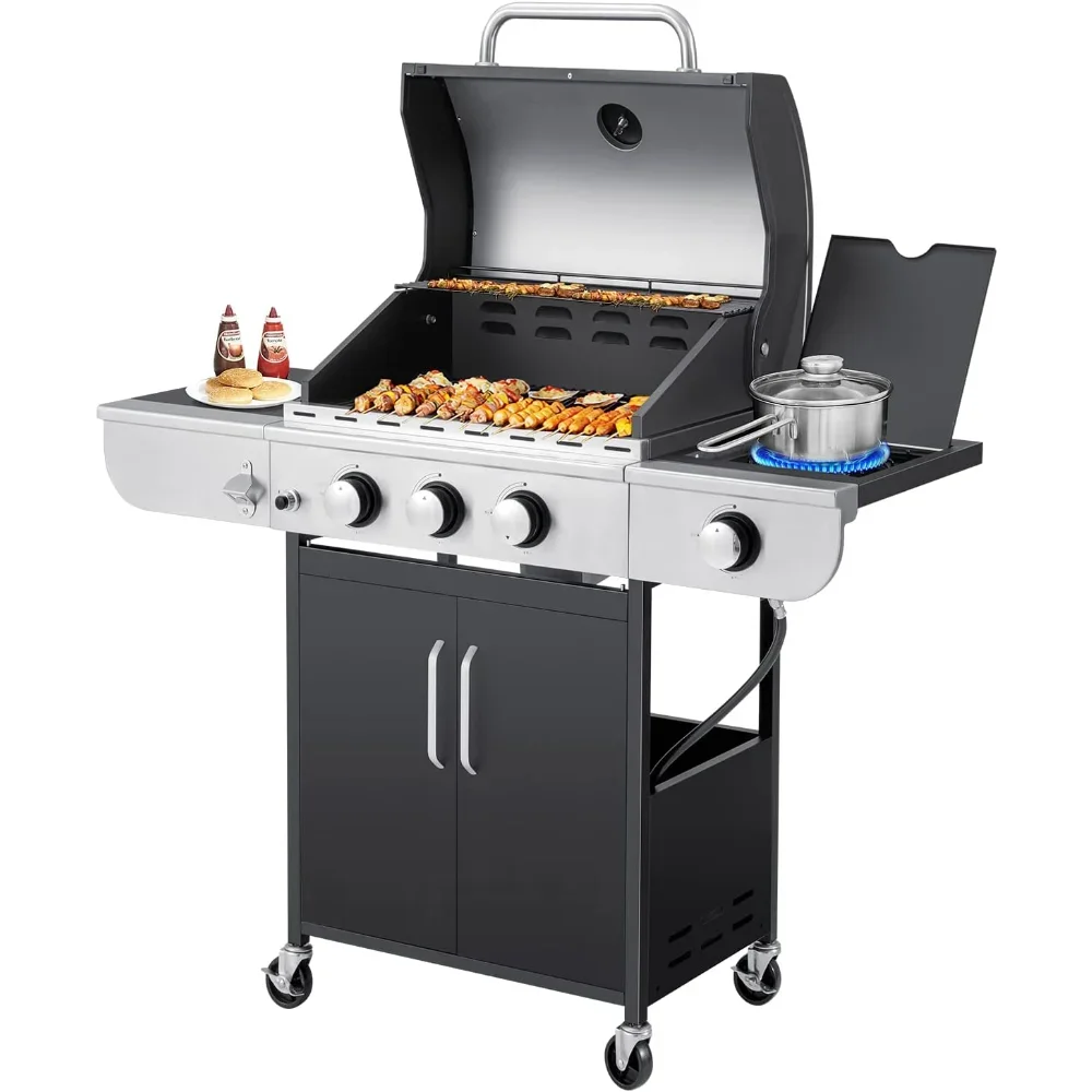 

3 Burner BBQ Propane Gas Grill, 34,000 BTU Stainless Steel Patio Garden Grill with Stove and Side Table