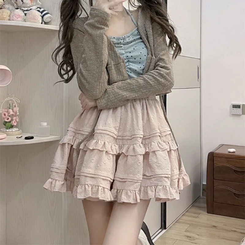 New Japan Office Lady Pink High Street A-line Skirts  Y2k Aesthetic Spliced Ruffle Harajuku Girl Clothes Preppy Style Cute Skirt