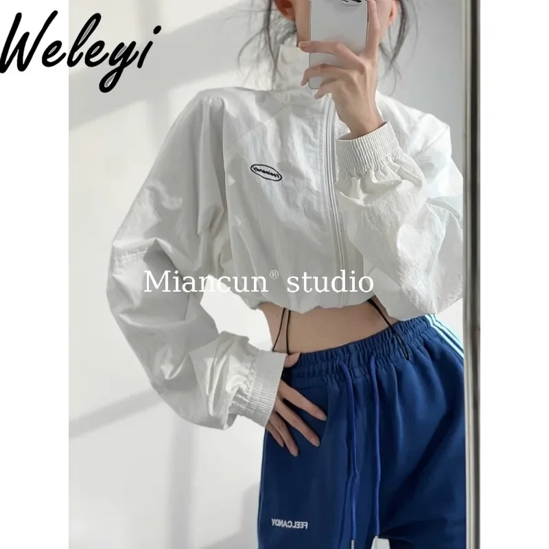 

American Cool Clothes Female Sports Letter Labelled Short Coat 2024 Fall New Loose Casual Long Sleeve Cropped Jacket Feminino