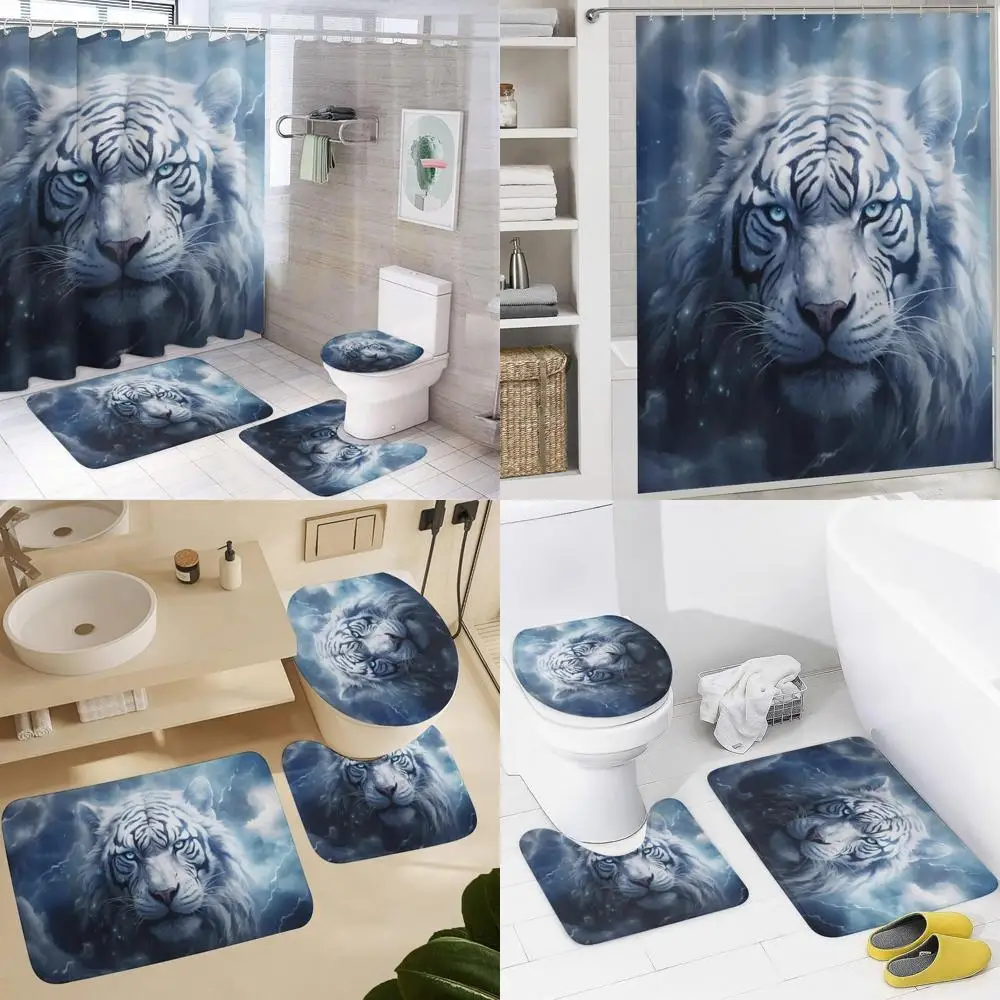 

elegant white tiger-themed shower curtain set with matching rugs and lid cover