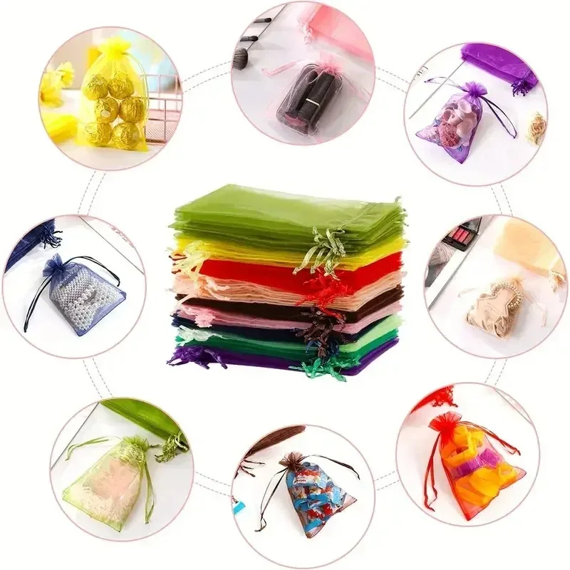 50PCS Solid Color Drawstring Mesh Bag Transparent Jewelry Packaging Bag Wedding Party Valentine's Day Gift Packaging