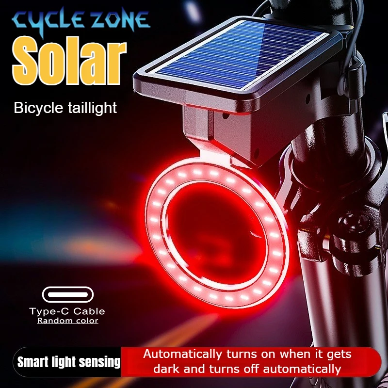 Smart Sensor Bicycle Tail Lamp Solar Powered Bike Rear Light Rechargeable Cycling Safety Warning Taillight for Night Riding