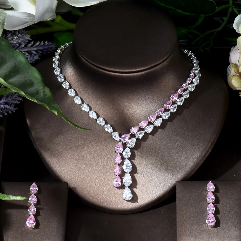 HIBRIDE Clear Best Quality Brilliant Crystal Zircoina Earrings And Necklace Bridal Jewelry Set Wedding Dress Accessories N-1453