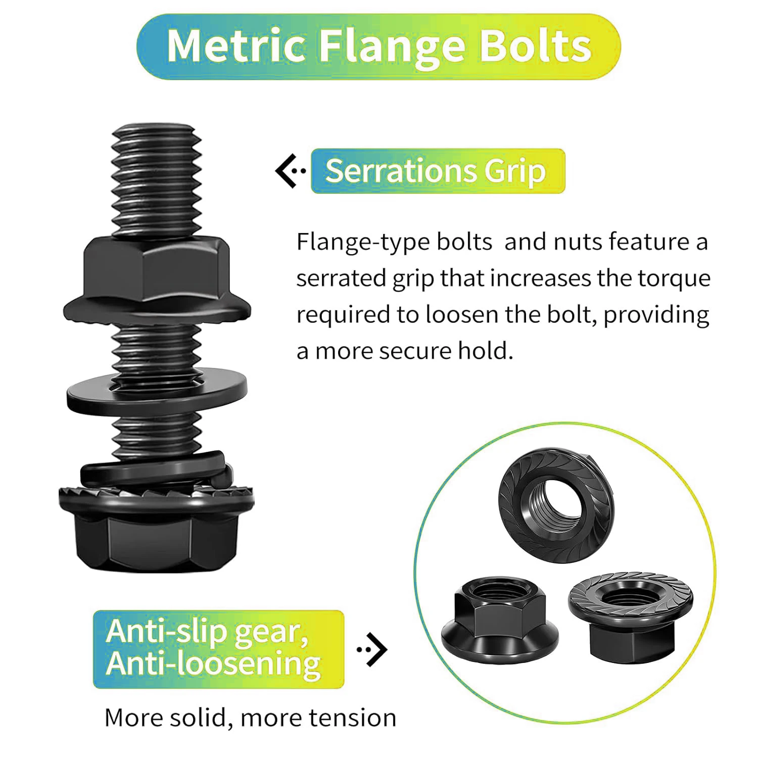 250-Piece Set of Flanged Hex Screws with Serrated Flange Nuts and Washers, M6 x 12/16/20/25/30 mm, Alloy Steel Grade 10.9, Black