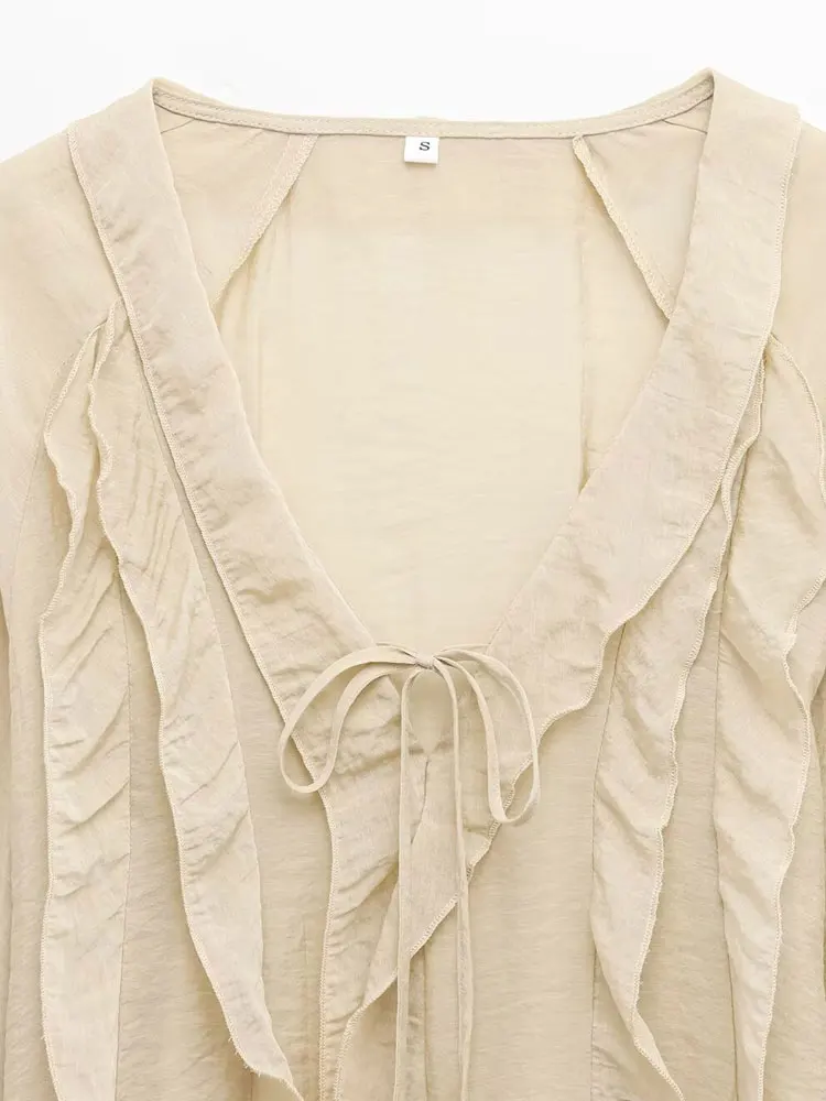 Moda donna con camicette arricciate legate con scollo a V, maniche lunghe, camicie da donna, top chic