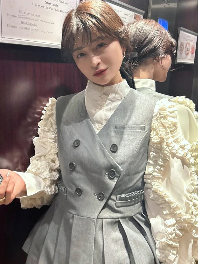 Japanese Baroque Style Double-Layer Ruffled Puff Lantern Sleeve Stand Collar Lace-up Single-Breasted Fashion Shirt Tops Women