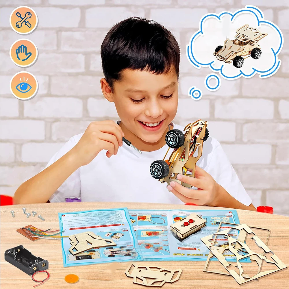 DIY Wooden Remote Control Car Mini Four-Wheel Drive Racing Car Science Experiment Kits STEM Educational Toy for Teen Kids Gifts