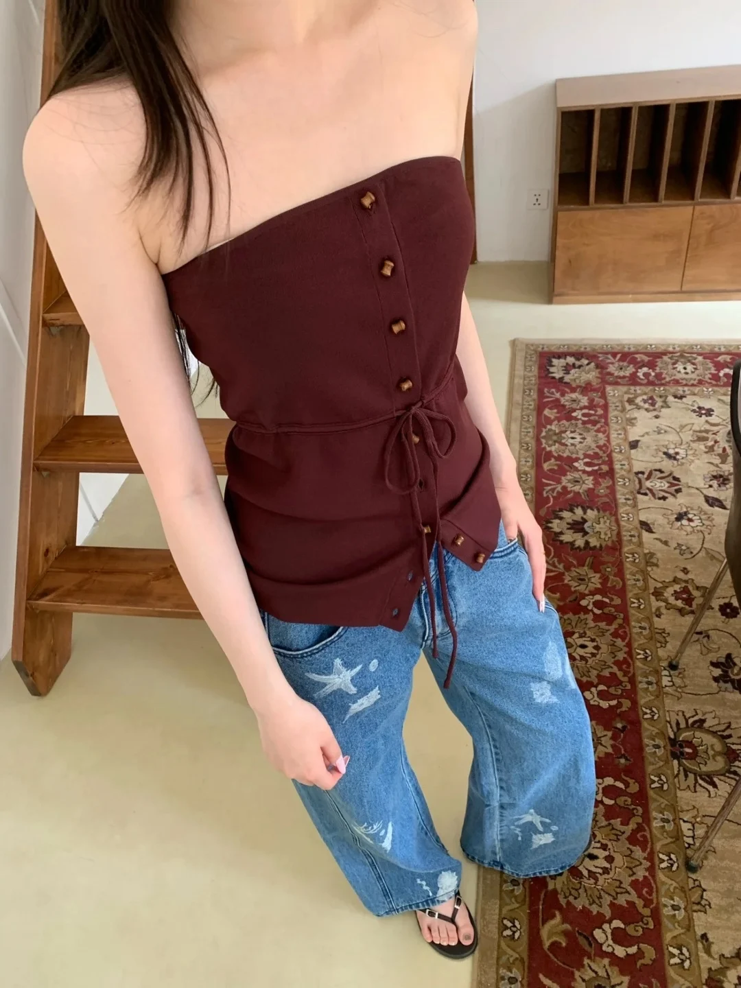 

Drawstring Fitted Strapless Tank Top Y2K Sexy Babe Style Stretch-Fit Knit Women's Top 2025 Fall New Arrival