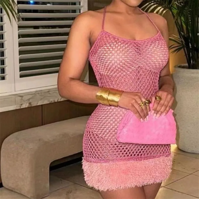 Spaghetti Strap Hollow Out See Through Mini Dress Summer Knitted Feathers Cover Ups Dress Sexy Sleeveless Beachwear Outfits