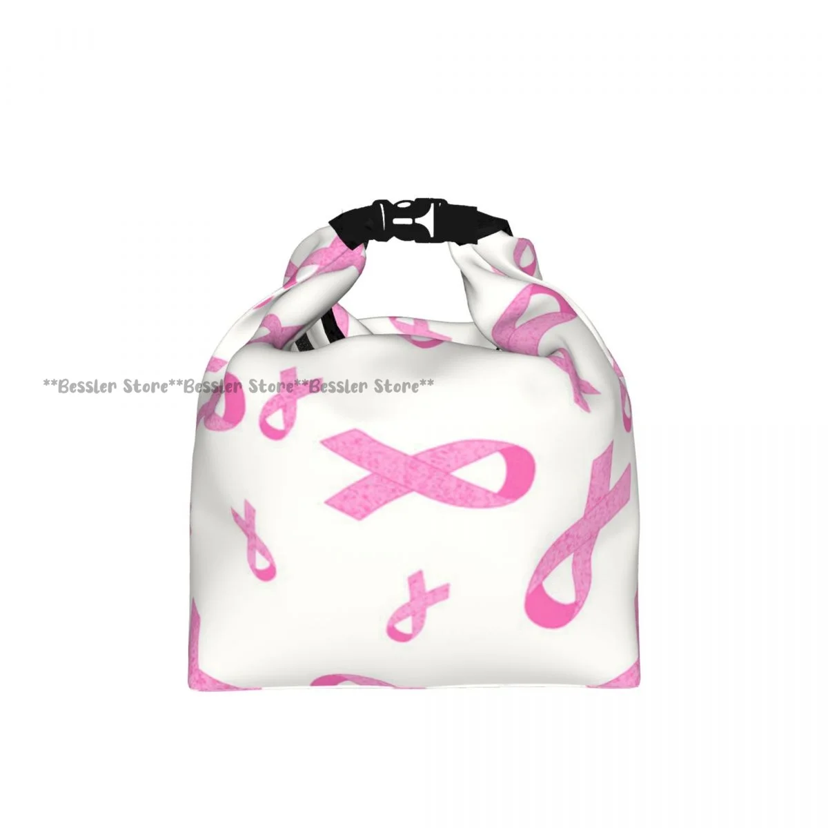 Roll Top Insulated Lunch Bag Breast Cancer Pink Ribbon Thermal Food Storage Bag Portable Bento Handbag for Daily Use