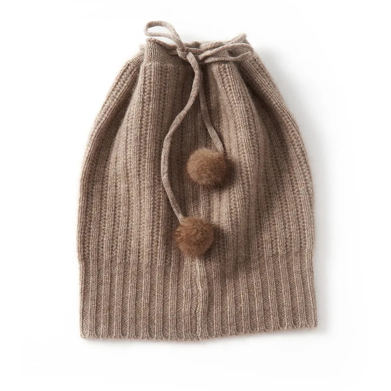 Goat Velvet  Autumn And Winter  Female High-End Knitting Outdoor Warm Drawstring With Ball Ear Protection Hat Knitted Casual Hat