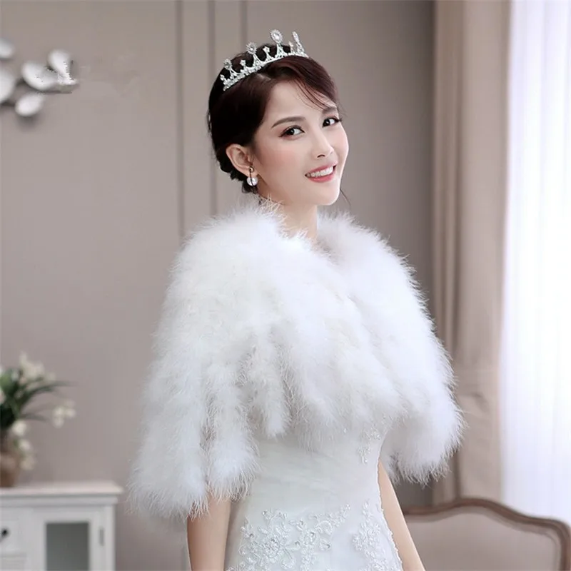 Real Ostrich Feather Cape for Women Winter Warm Wedding Fur Cape Luxurious Boleros Bride White Ivory Shrug Bridal Party Shawl