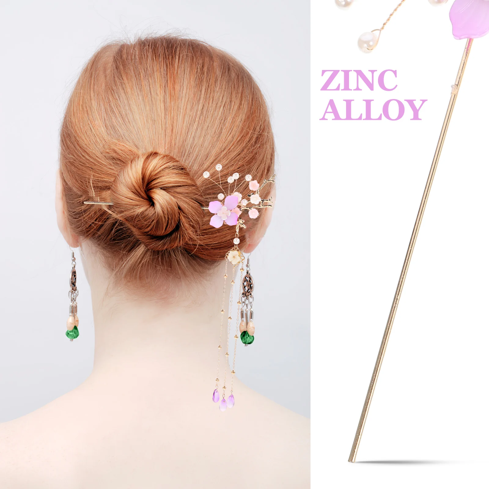 

1pcs Pearl Tassel Flower Stick Chinese Style Women Hairpin Bun Holder Hanfu Ornament Long Stick Japanese Hair